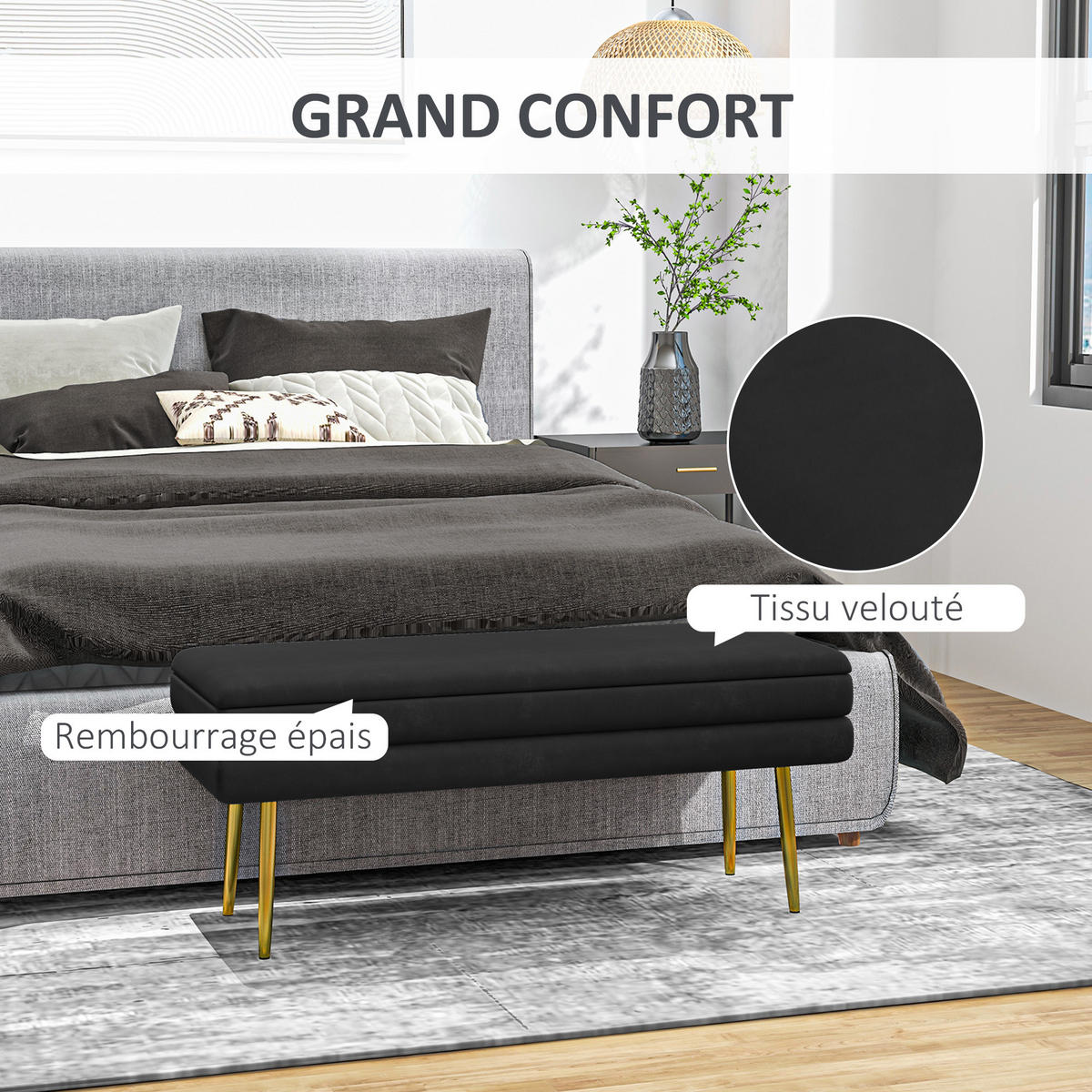 TRUHENBANK DE-16418 2-in-1 mit Stauraum und Samtbezug Schwarz/Gold - Schwarz, Textil (100/42/37.5cm) - ComfortXL