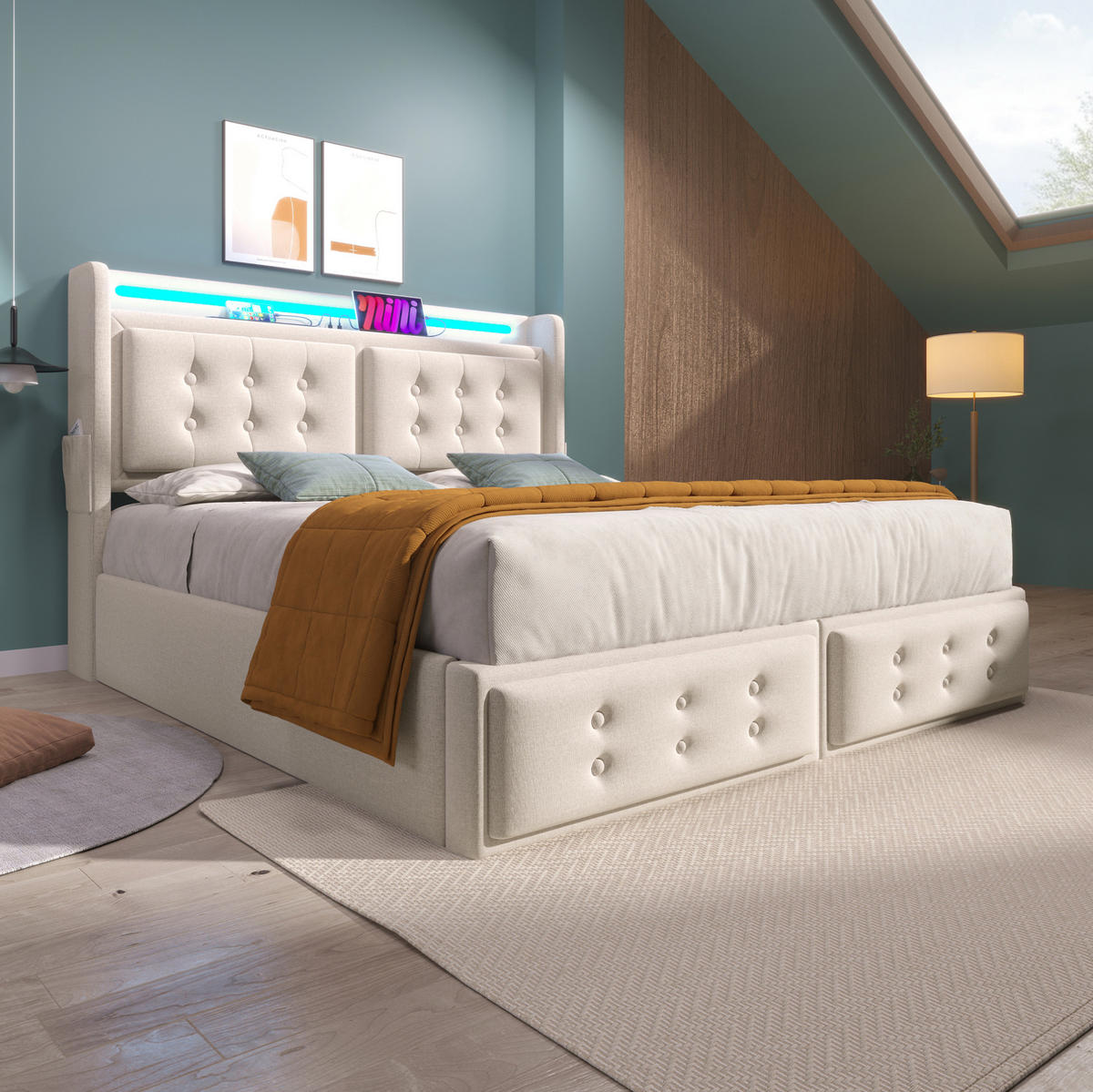 POLSTERBETT mit Stauraum, LED und Ladefunktion 180x200 cm Beige - Beige, Metall (180/200cm) - Meubliv