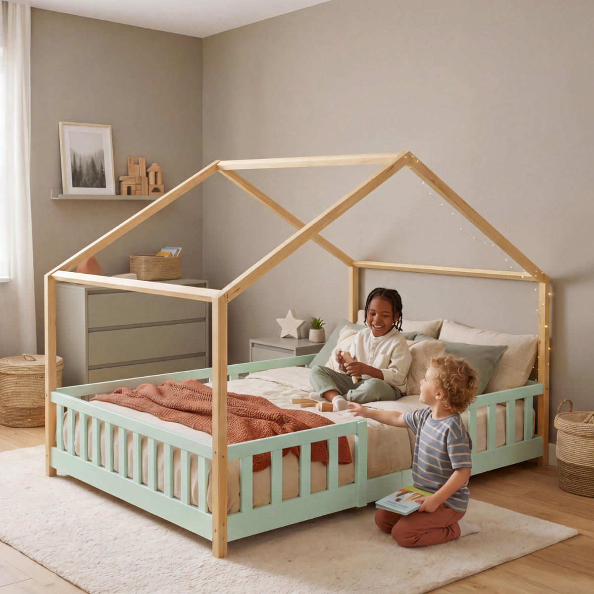 HAUSBETT Treviolo - Naturfarben/Mintgrün, Holz (140/200cm) - [en.casa]