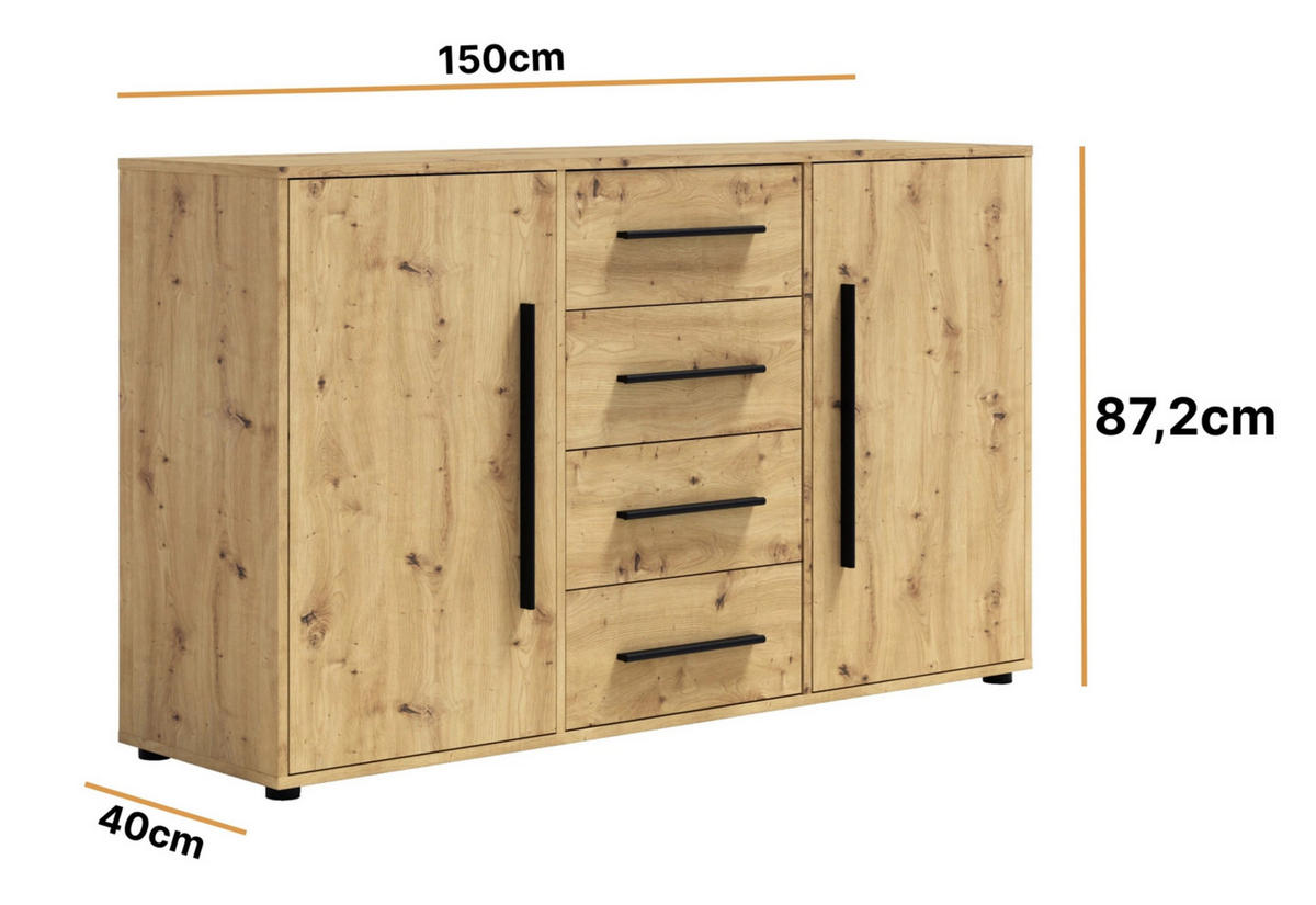 KOMMODE Modena K2D4SZ 150 cm in Eiche Artisan mit Türen und Schubladen - Schwarz/Eiche Artisan, Holzwerkstoff/Kunststoff (150/87/40cm)