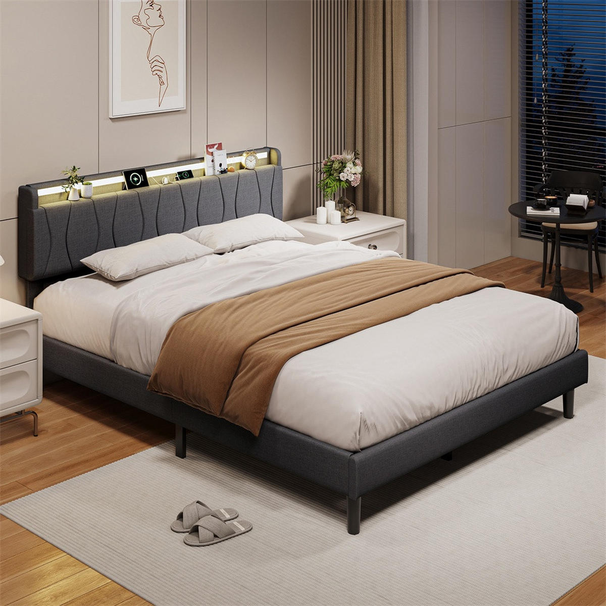 POLSTERBETT 140x200 cm mit LED-Beleuchtung - Kopfteil mit Ladefunktion - Gepolstertes Kopfteil - Grau - Grau, Textil (140/200cm) - DELFA