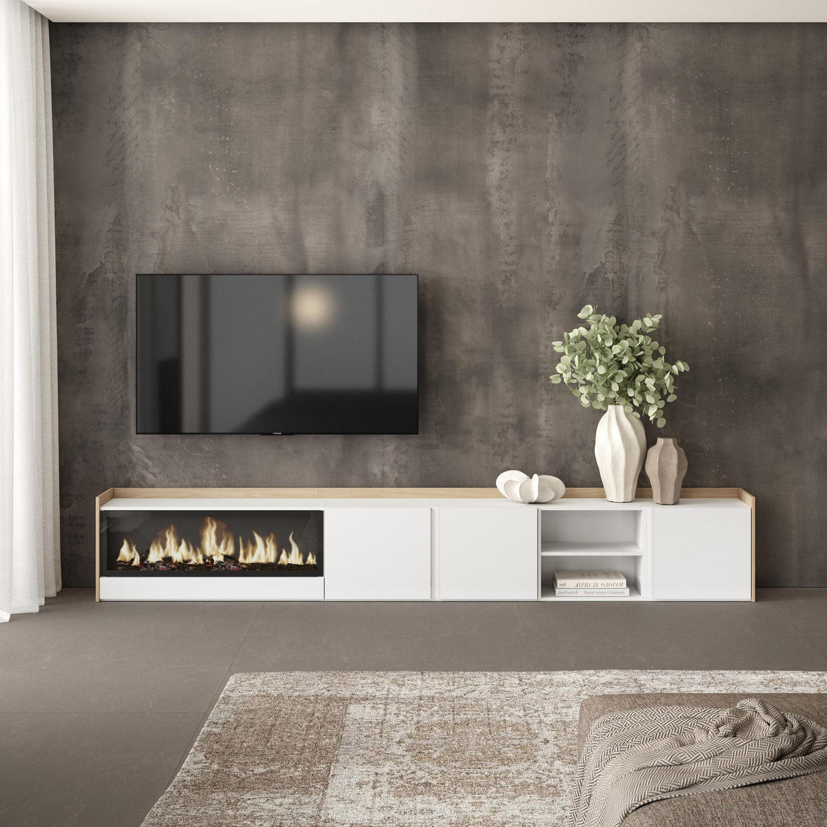 LOWBOARD, Weiß und Eiche, 315/35/50cm, Kamin mit Feuereffekt XXL - Weiß, Holzwerkstoff (315/50/35cm) - Skraut Home