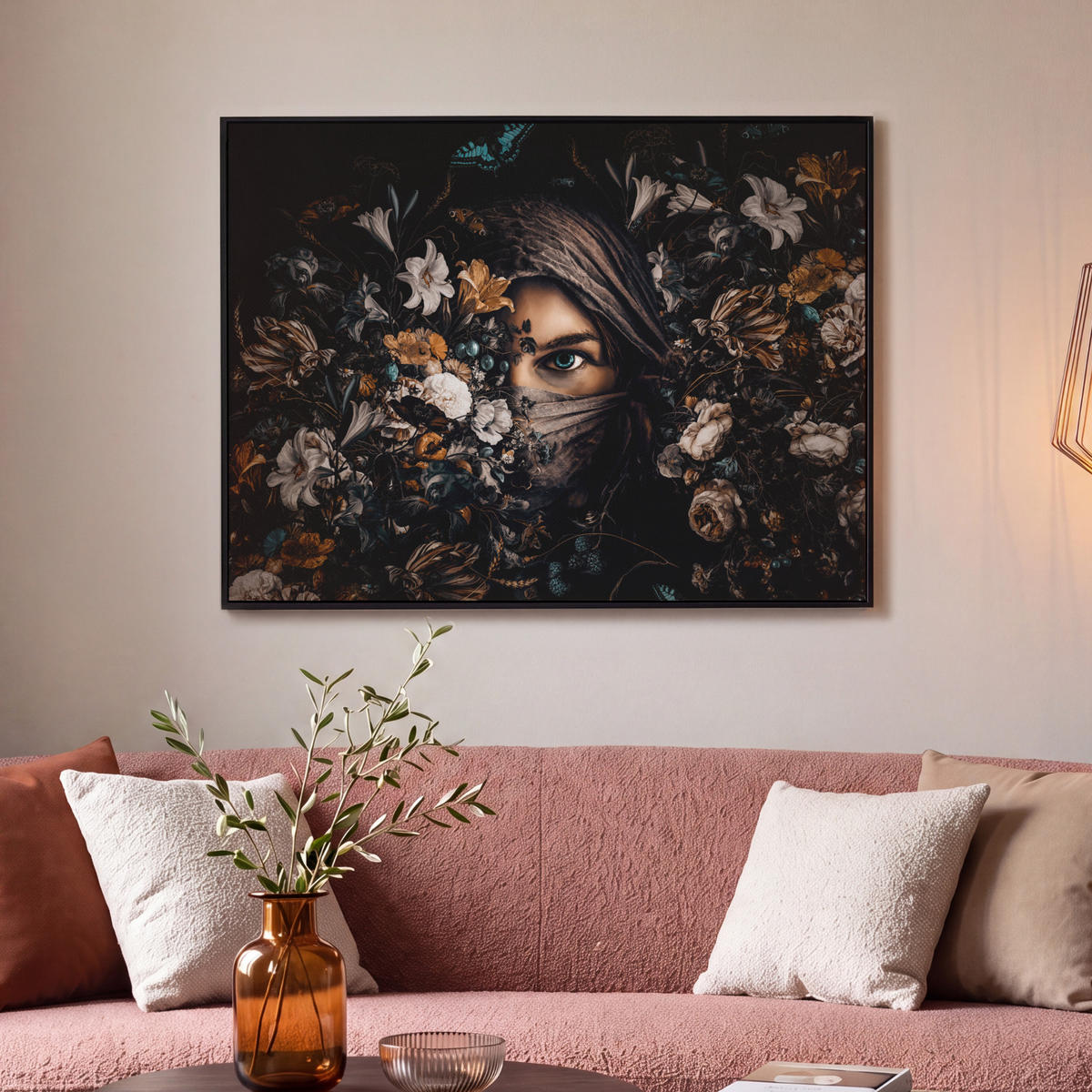 LEINWAND Bilder mit Rahmen - Frau - Luxus - Blumen - Schmetterling - Porträt - 100x70 - Schwarz, Textil (100/70cm) - MuchoWow