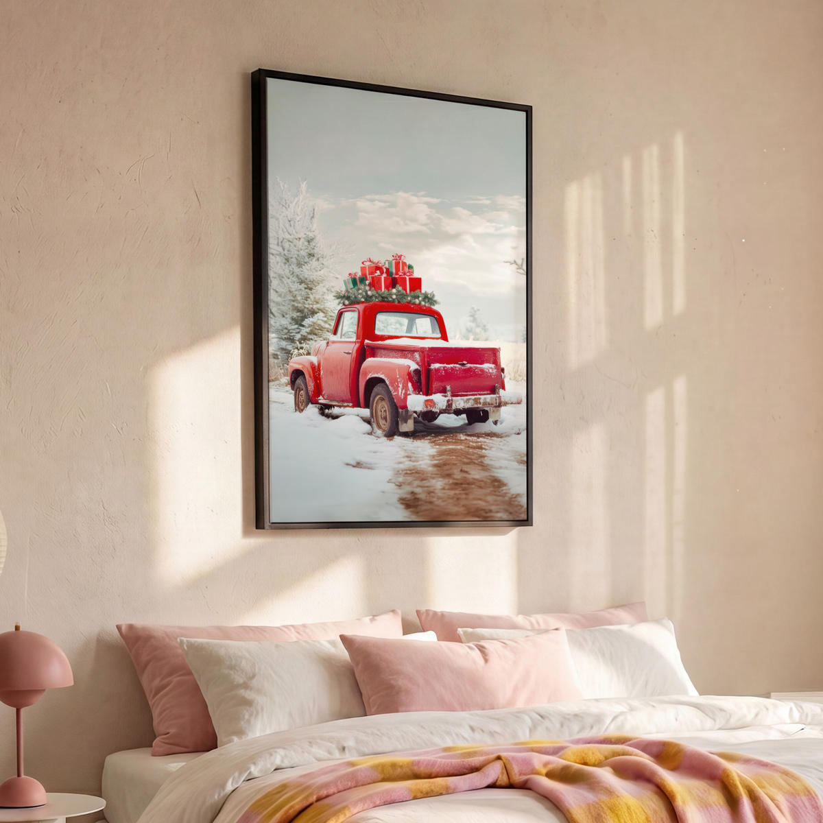 LEINWAND Bilder mit Rahmen - Auto - Rot - Geschenke - Winter - Schnee - Weihnachten - 80x120 - Rot, Textil (80/120cm) - MuchoWow