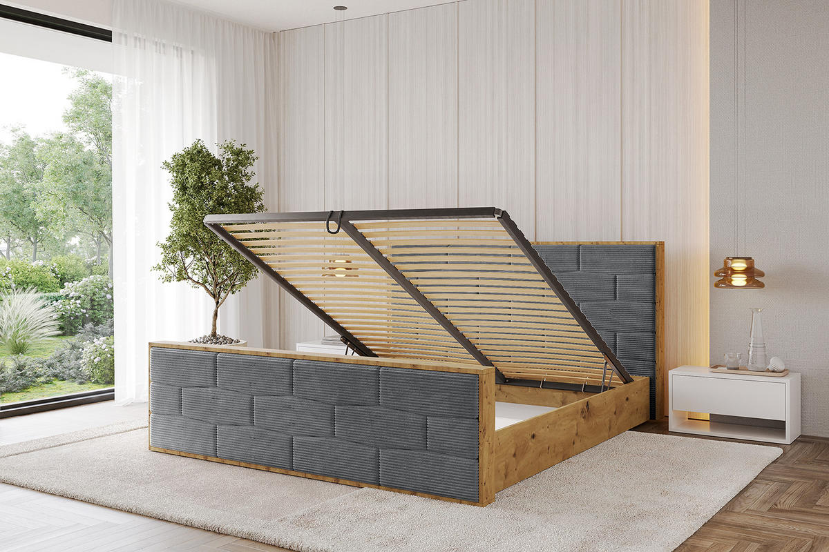 POLSTERBETT mit Bettkasten, Fußteil und Lattenrost, Boxbett mit Matratze H3/H4 - ENZO8-Z 120x200 Dunkelgrau - Anthrazit, Holzwerkstoff/Textil (120/200cm) - ALTDECOR