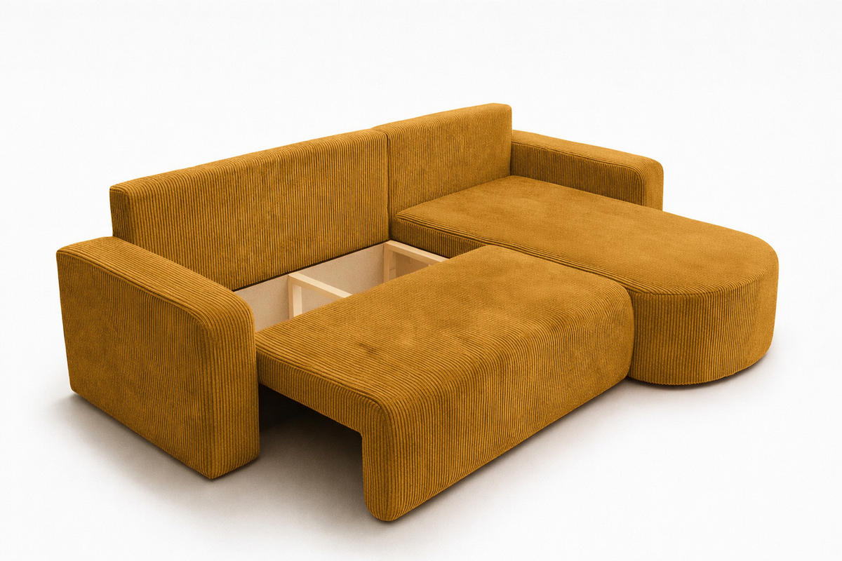 ECKSOFA Mit Schlaffunktion, Cordstoff Poso, Senffarbe, Rechts, ROUND ONE XL - Gelb, Holz (271/175cm) - Kaiser Möbel