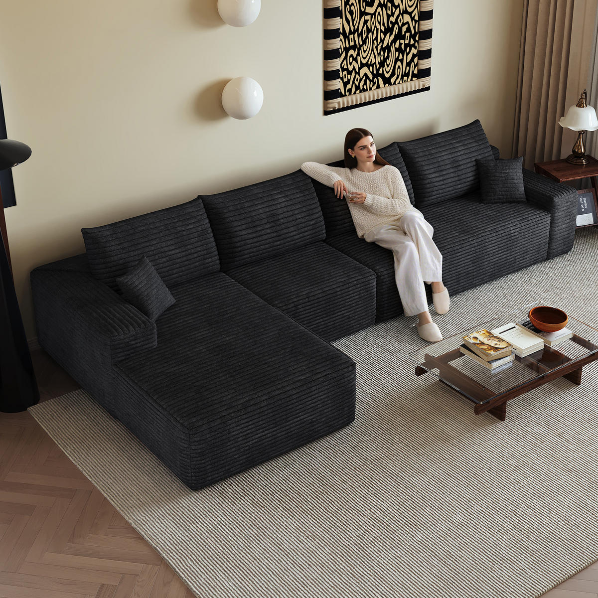 ECKSOFA 340/175/83 cm Schwarz mit L-förmiger Chaiselongue, Linke Seite - Schwarz, Textil (340/175cm) - Oxeza