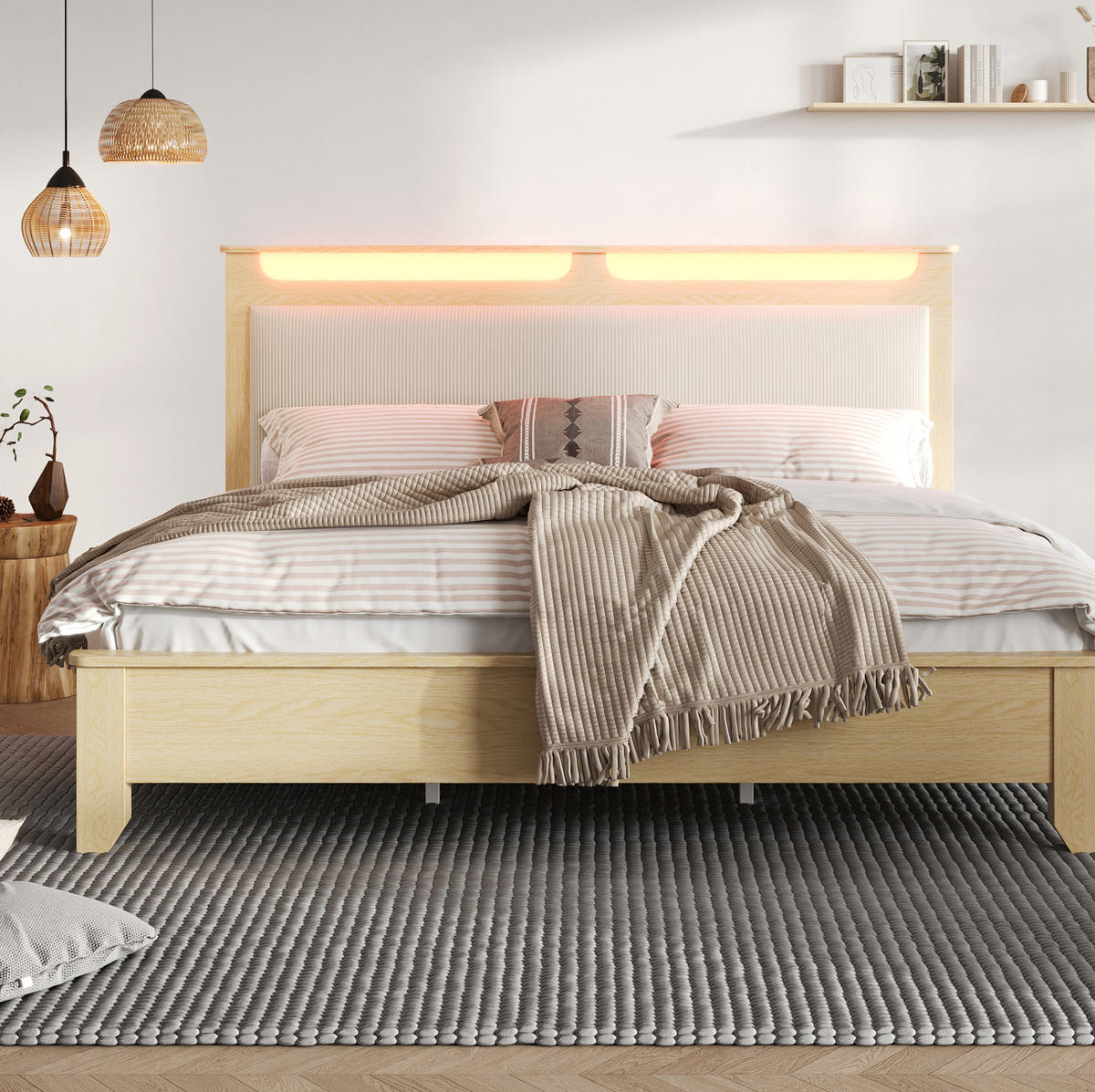 POLSTERBETT aus Cordstoff 140x200 cm in Beige mit LED-Beleuchtung - Beige, Textil (140/200cm) - Modfu