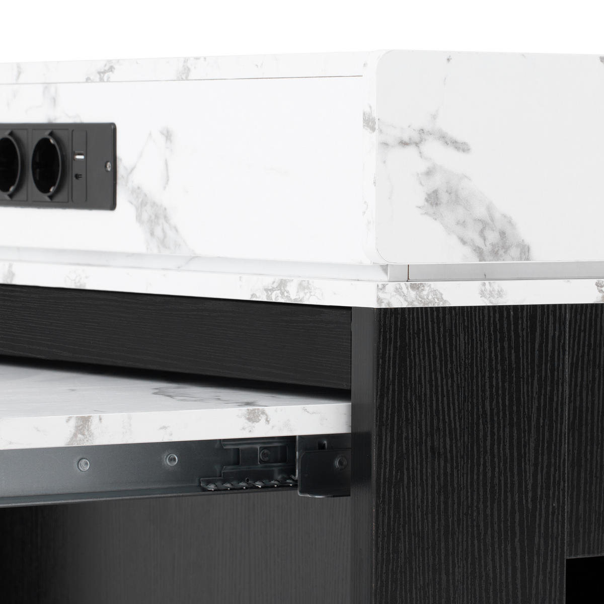 KÜCHENINSEL aus MDF+Glas 83x46-146,5x96 cm Schwarz mit Ausziehtisch & Steckdosen - Schwarz, Holzwerkstoff (146.5/96/83cm) - Modfu