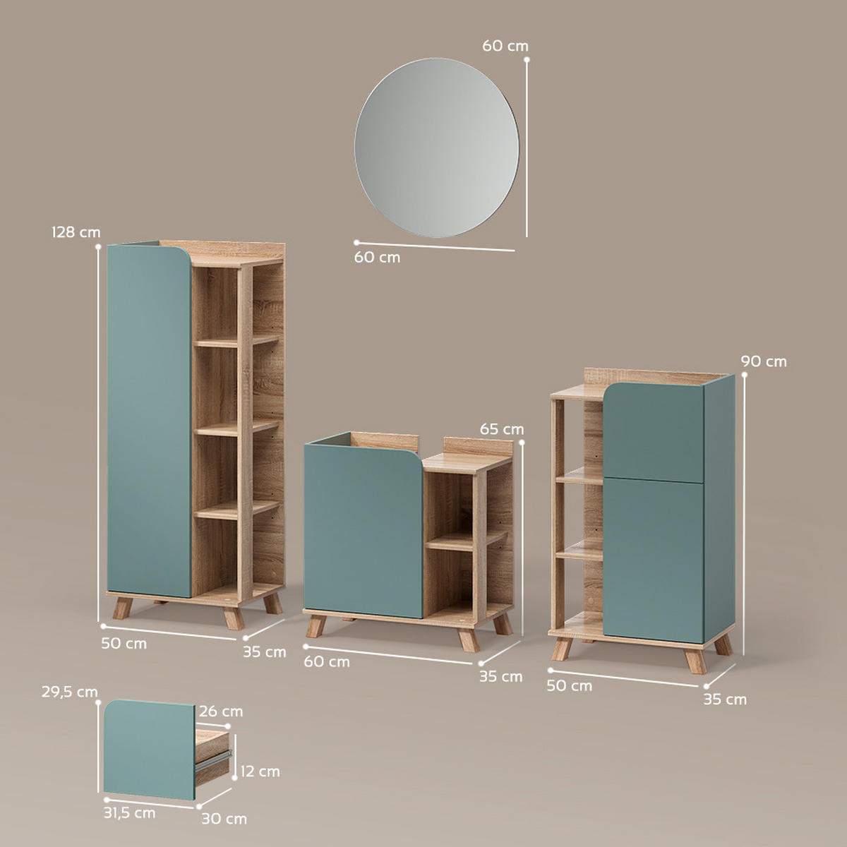 BADMÖBEL-SET Marano Blau-Grau 4 Teile - Blaugrau/Sonoma Eiche, Holzwerkstoff (35/65/60cm) - Livinity®