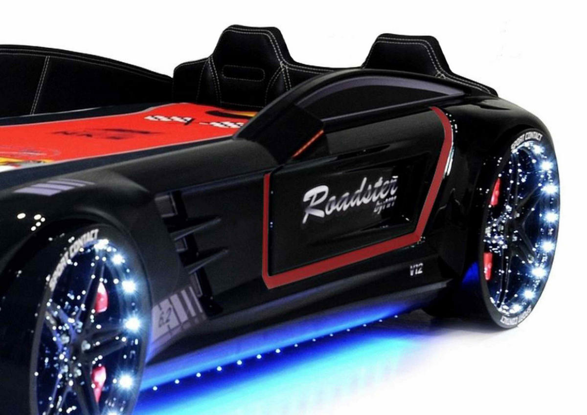 AUTOBETT Roadster Schwarz Kinderbett LED Sound Sportsitze Lattenrost Spoiler - Schwarz, Holzwerkstoff/Kunststoff (90/190cm) - Aileenstore