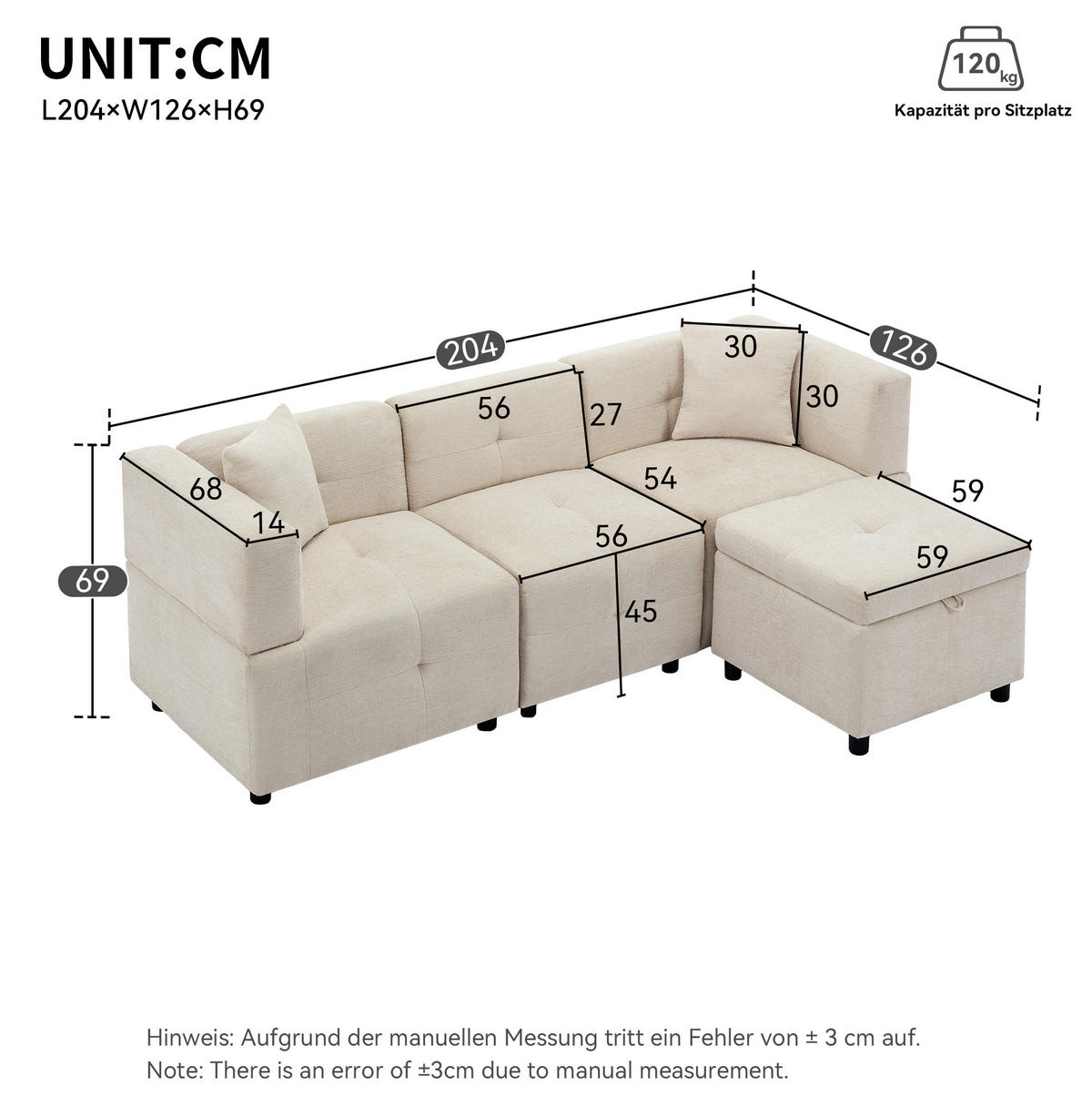 3-SITZER Ecksofa Chenille mit Stauraum-Fußhocker und 2 Kissen 204/126/69 cm Beige - Beige, Kunststoff/Textil (126/204cm) - Redom