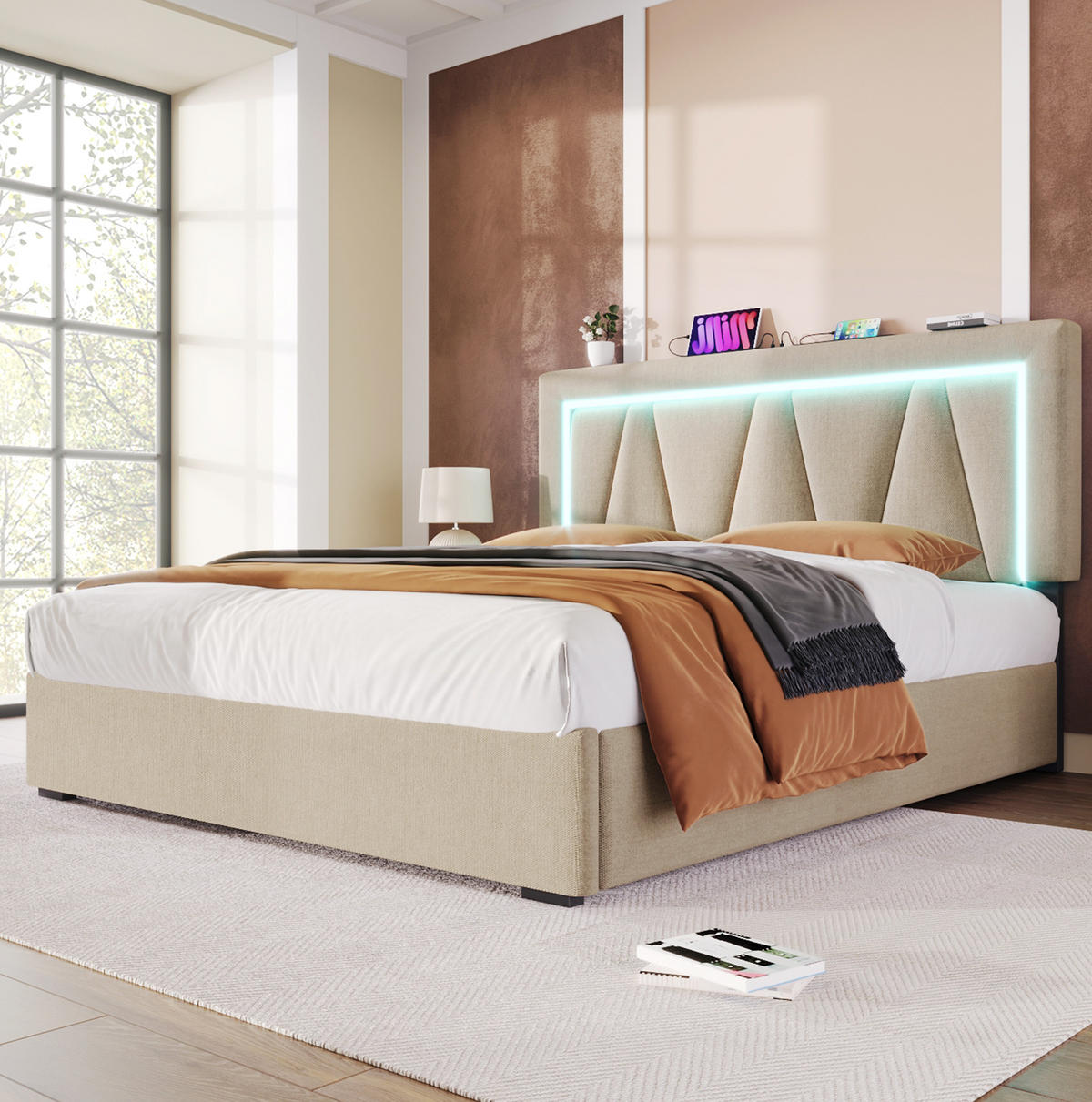 POLSTERBETT mit LED-Beleuchtung 140/200 cm mit Bettkasten, USB und verstellbarem Kopfteil - Beige, Textil (140/200cm) - BEAOK