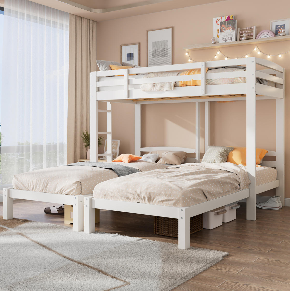 ETAGENBETT Kinderbette 90/200 cm aus Kiefer massiv mit flexibler Seitenleiter Weiß - Weiß, Holz (90/200cm) - Modenvie