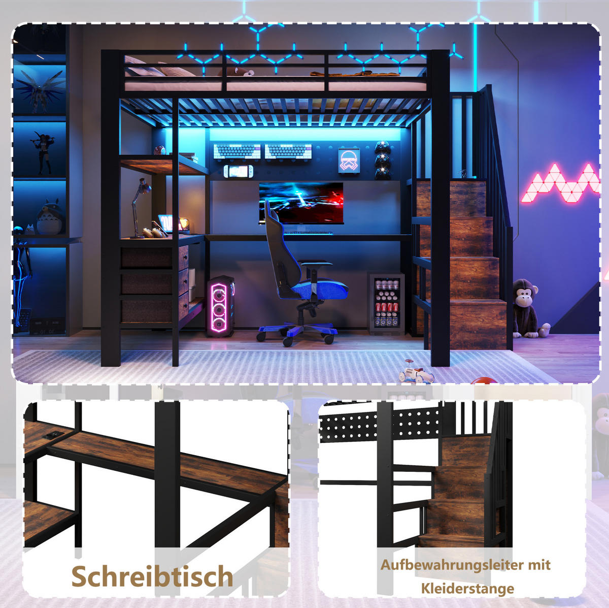 HOCHBETT 140/200 cm, Schwarz mit Ablagefläche, Schubladen, LED - Schwarz, Metall (140/200cm) - MIVRAY