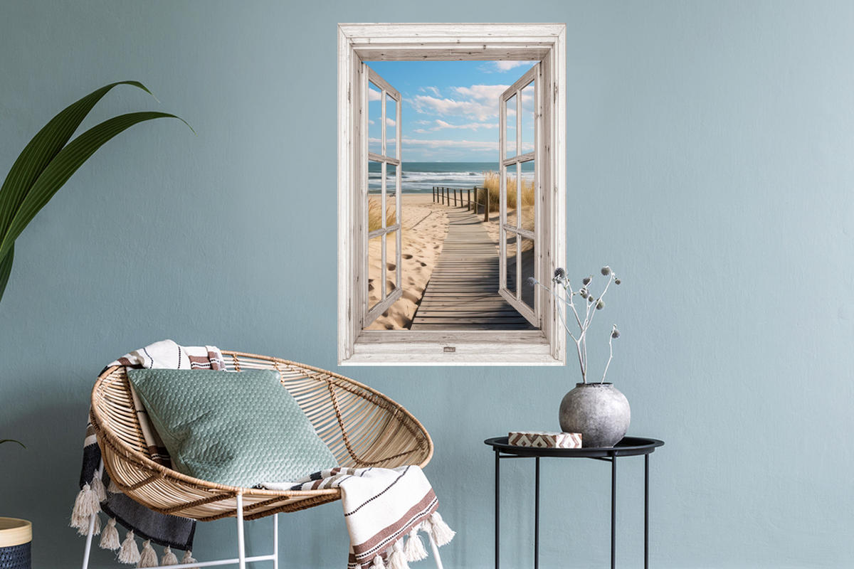 WANDTATTOO Fenster - Meer - Küste - Natur - Ausblick - Strand - Wattenmeer 40x60 cm - Beige, Kunststoff (40/60/0.1cm) - MuchoWow