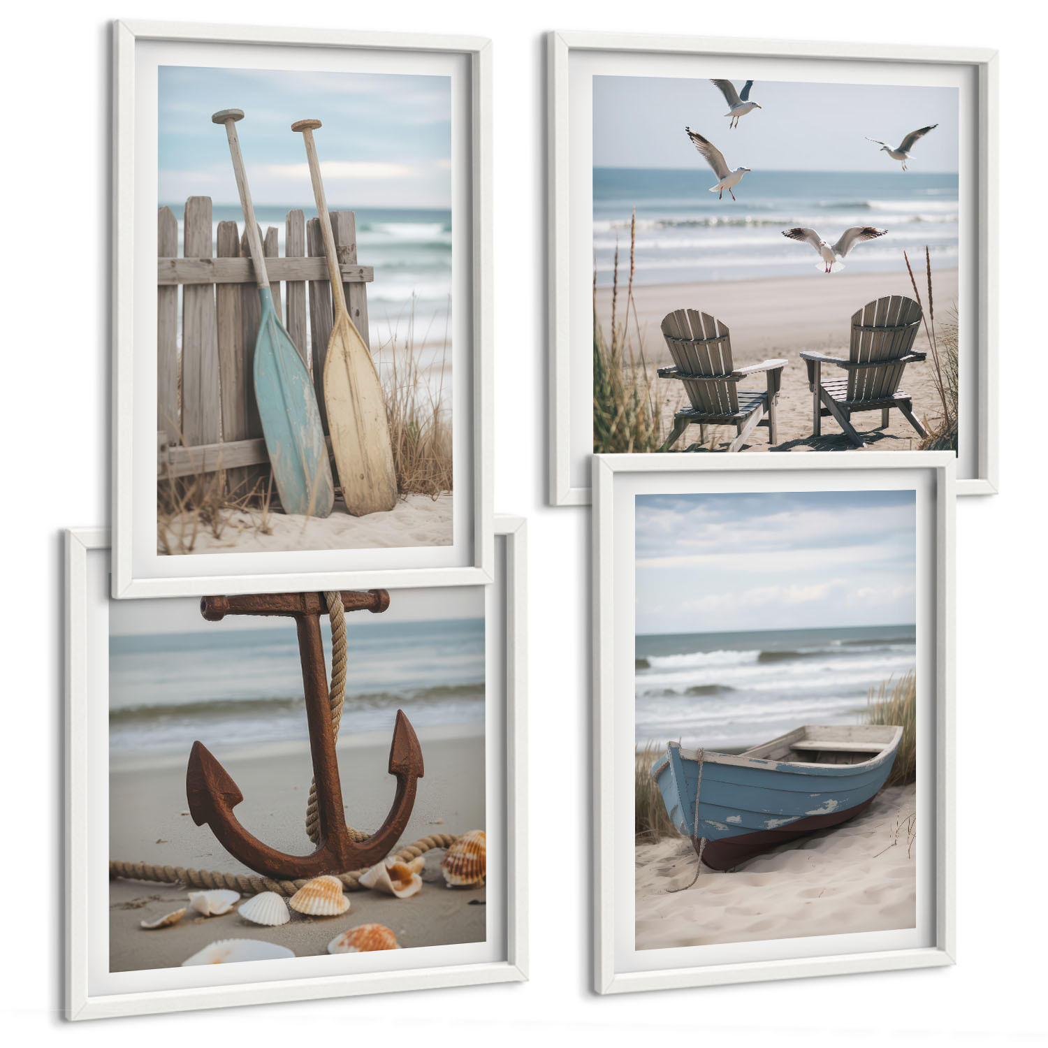 BILDER SET 4er Set - 50x50 cm & 40x60 cm Weißer Rahmen - Sommerstrände, Meereslandschaft - Weiß, Kunststoff (50/50cm) - TULUP