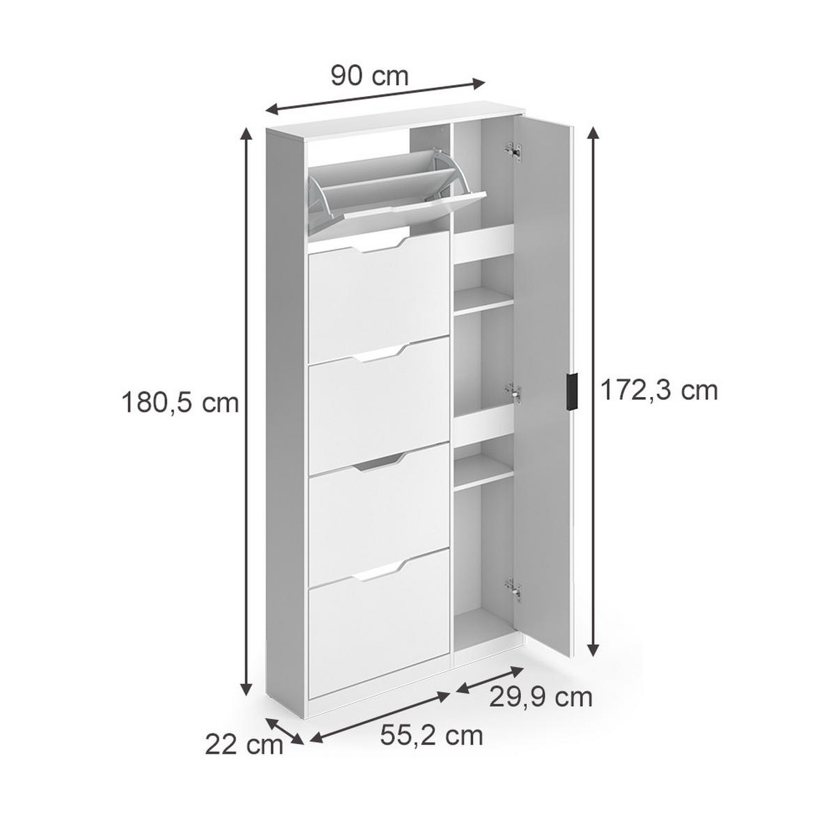 SCHUHKIPPER Luca, Weiß, 90 x 180.5 cm mit 5 Kippfächern & Spiegel - Weiß, Holzwerkstoff (90/180.5/22cm) - Vicco
