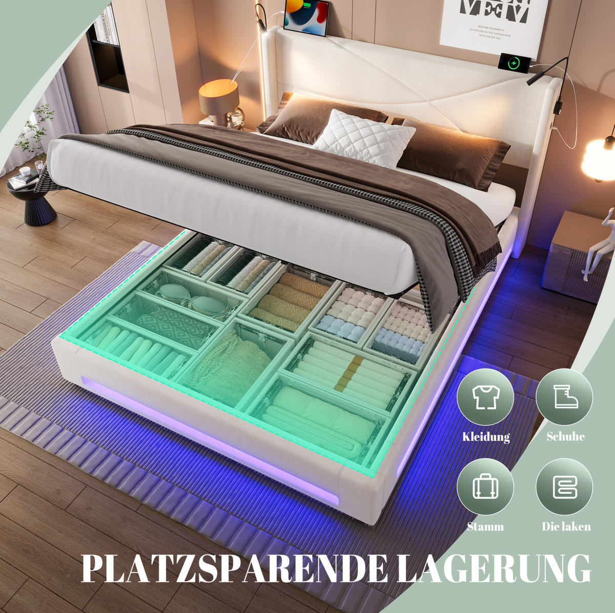 BETTGESTELL 140/200 cm Beige mit LED-Lichtleisten und hydraulischem Stauraum - Beige, Textil (140/200cm) - OKWISH