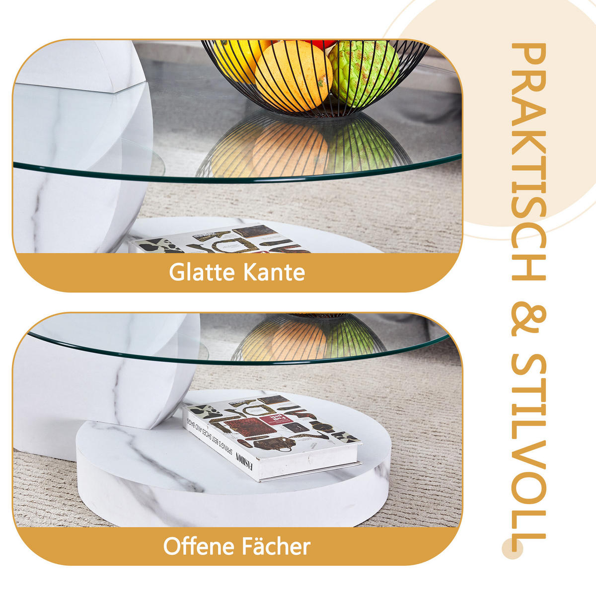 COUCHTISCH mit 50/70 cm Glasplatten, mehrstufiges Design und MDF-Gestell in Marmoroptik, Transparent, Weiß - Weiß, Holzwerkstoff (90/70/44cm) - Modfu