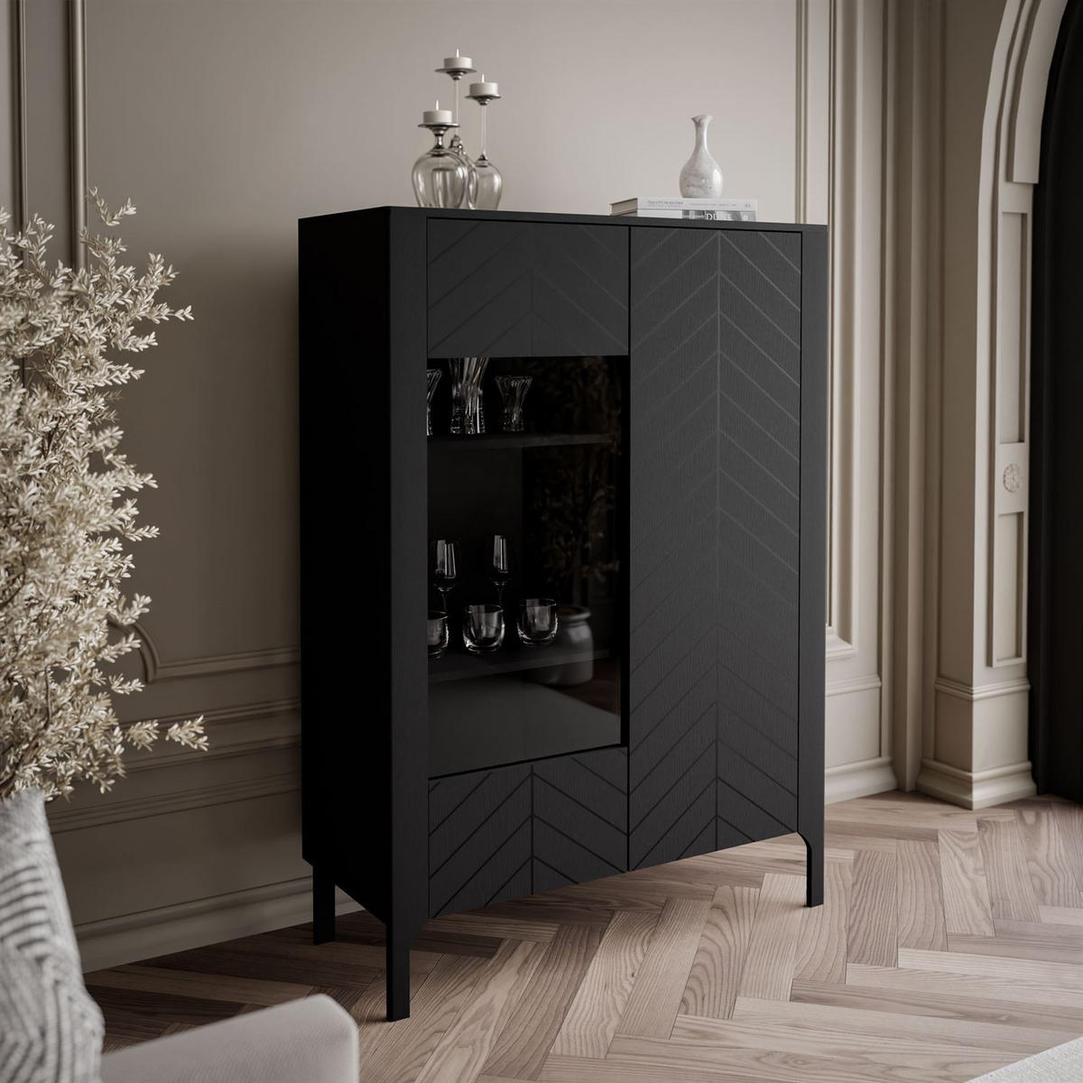 GLASVITRINE LUMI, Schwarz - Schwarz, Holzwerkstoff (103/130/41cm) - Lookway