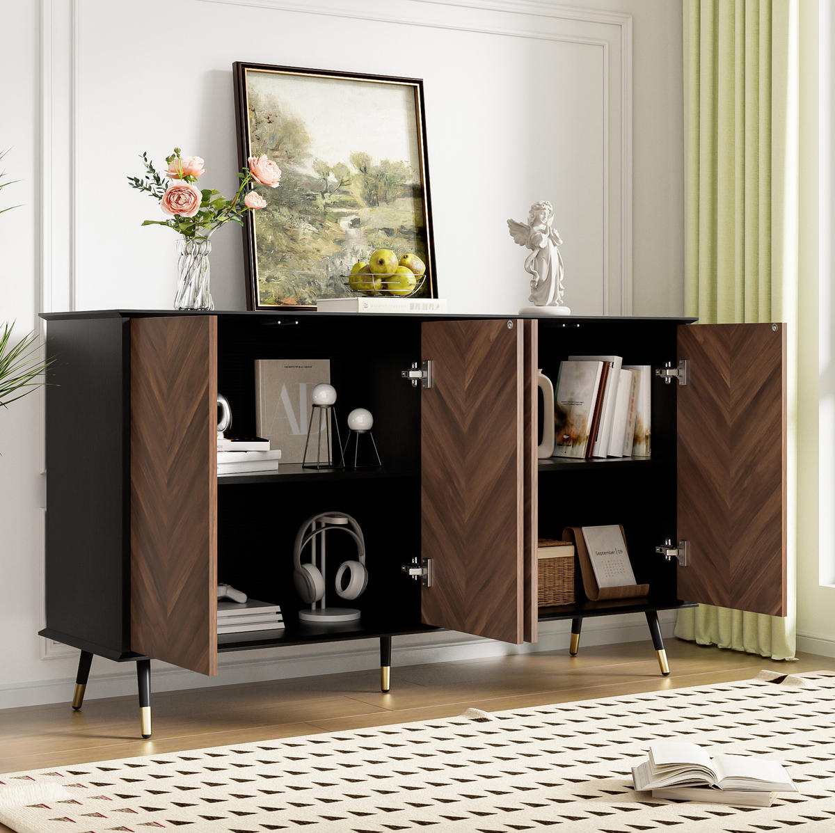 SIDEBOARD z MDF, 140/40/80 cm, černé/hnědé, se 4 dvířky a nastavitelnými policemi - černá, kompozitní dřevo (140/80/40cm) - BEAOK