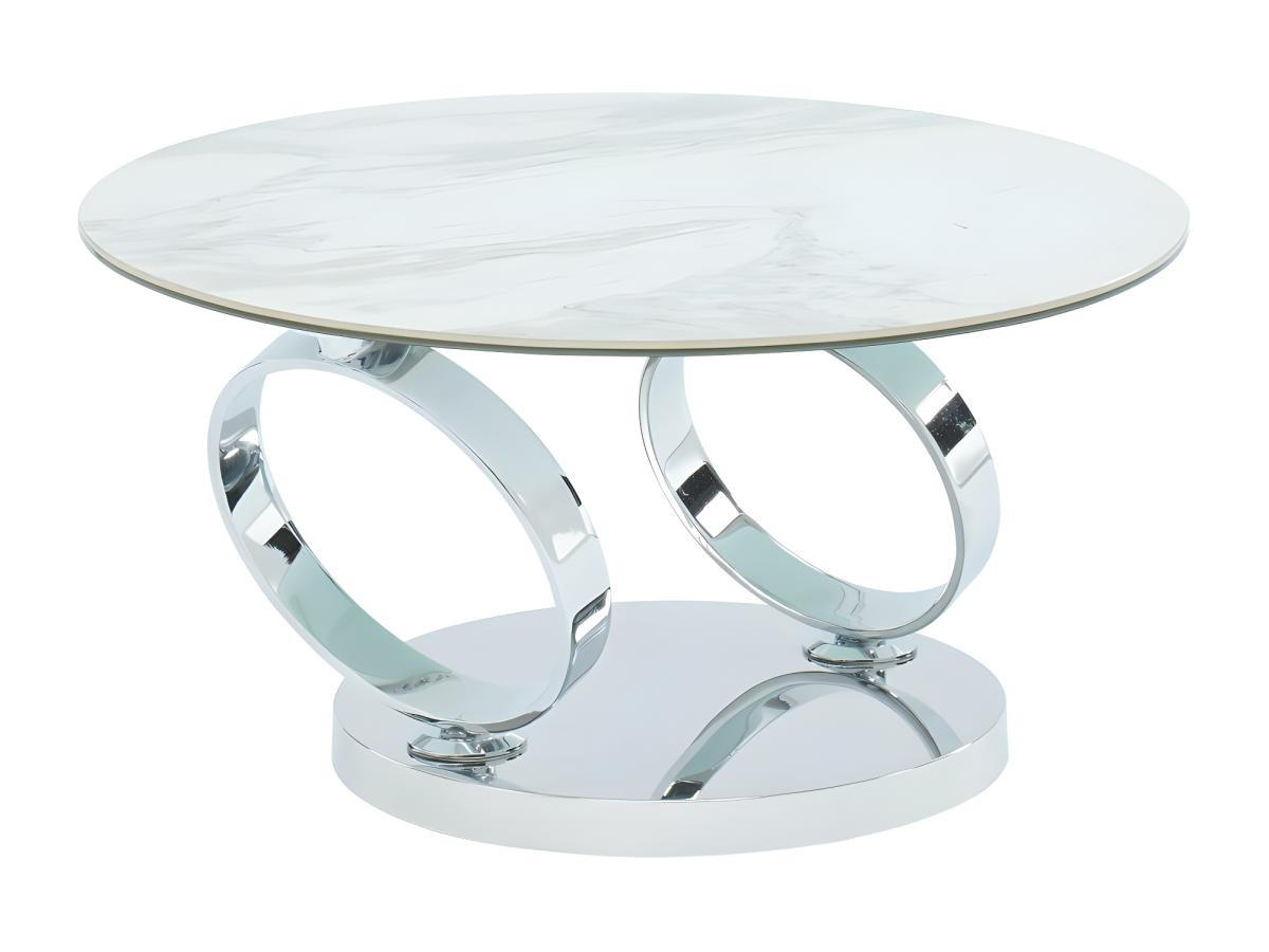 COUCHTISCH mit drehbaren Tischplatten - Keramik & Glas - Weiß mit Marmor-Effekt - JOLINE - Chromfarben, Stein (131.5/80/42cm) - Vente-Unique