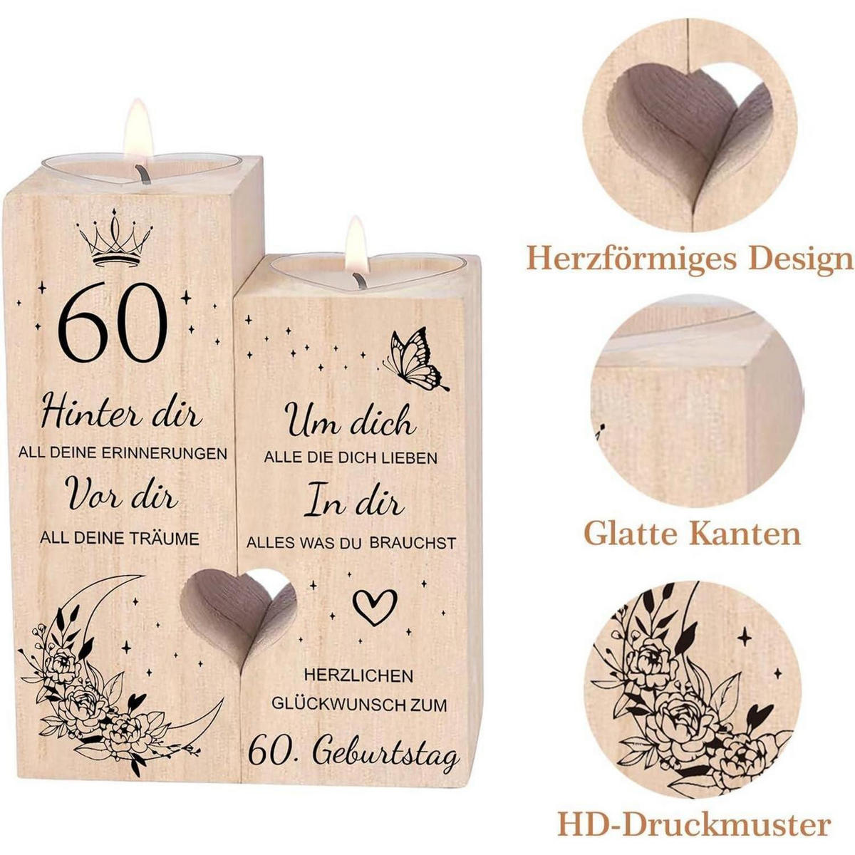 KERZENSTÄNDER 60. Geburtstag Holz 12 x 10 x 4.5 cm - Braun, Holz (5/13/10cm)