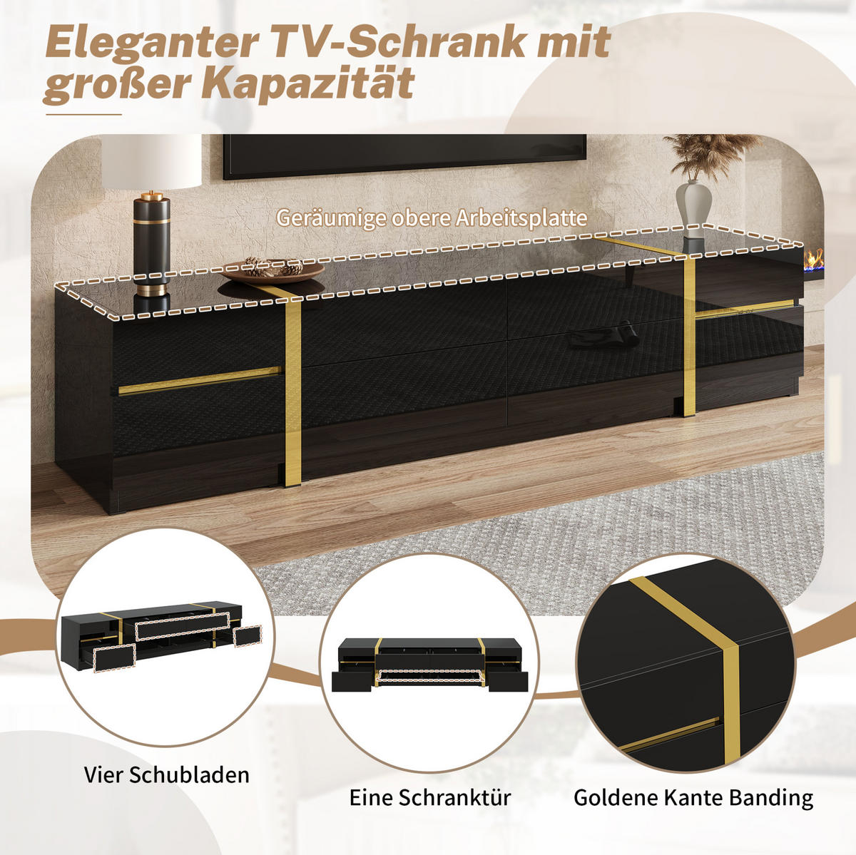 TV stolek 180/40/38 cm s vysokým leskem, 4 zásuvkami a 2 dvířky, úložný prostor, Černá - černá, kompozitní dřevo (180/38/40cm) - Redom