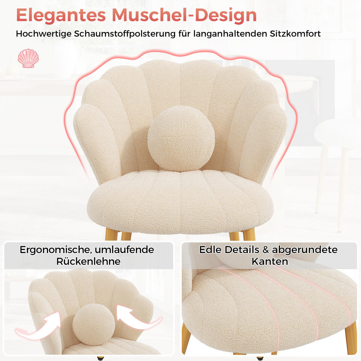 STUHL-SET 2 Stück Muschel-Design, DE-42124, Beige - Beige, Holzwerkstoff (62.5/83/60cm) - ComfortXL