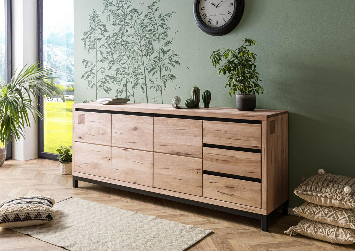 SIDEBOARD Wildeiche 210x45x85 bianco geölt VILLANDERS #252 - Beige, Holz (210/85/45cm) - Massivmoebel24