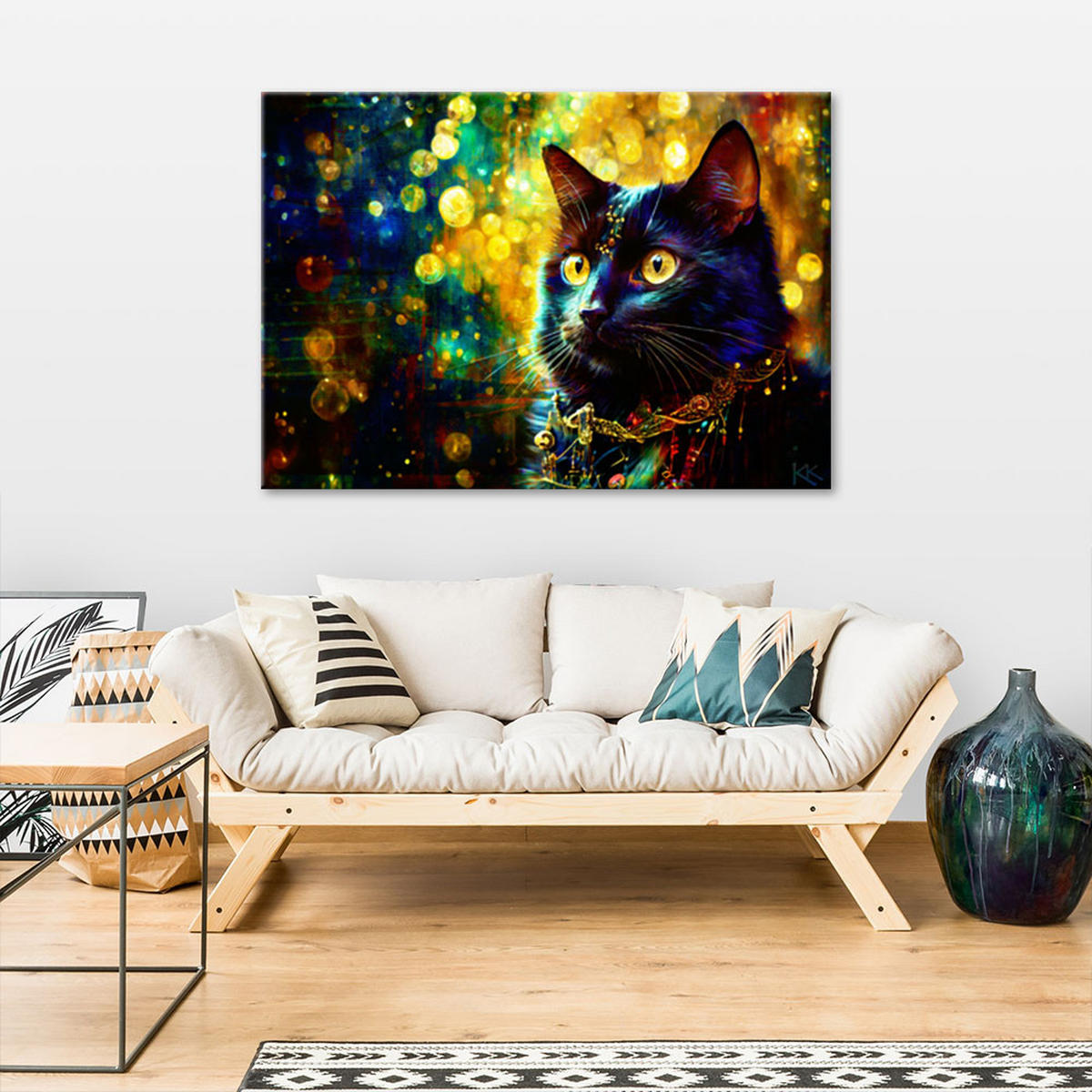 LEINWANDBILD Schwarze Katze Abstraktion - Lila, Textil (60/40cm) - Feeby