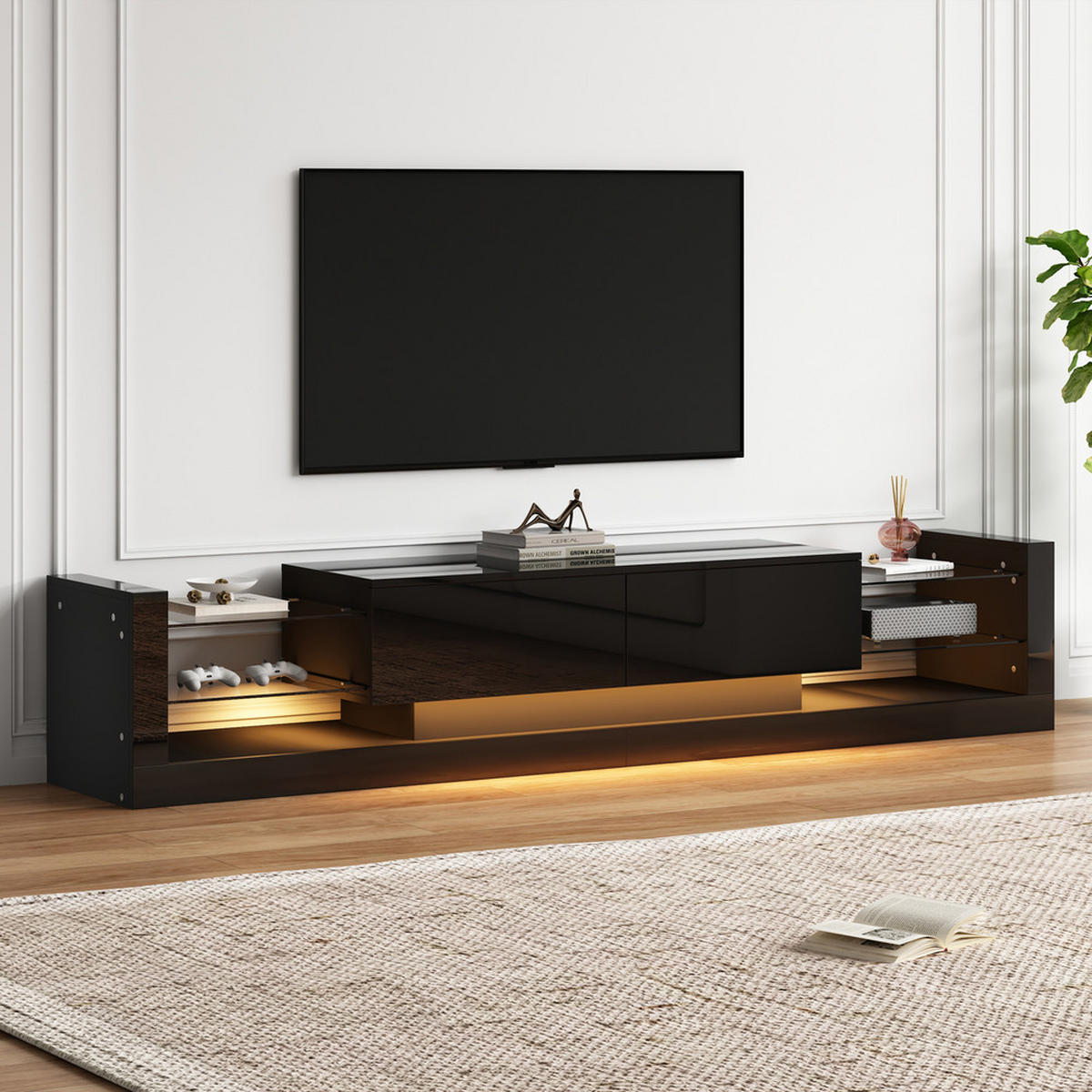 TV-SCHRANK 181cm LED Schwarz Glas 70-79 Zoll 2 Schubladen - Schwarz, Holz (45.72/15.88/101.6cm) - FLIEKS