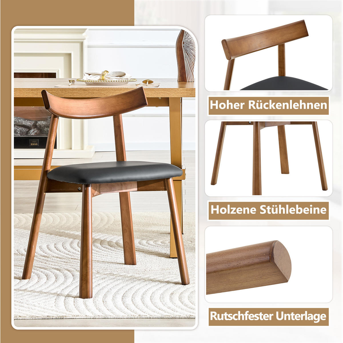STUHL-SET DE-36709 2 Stück mit Holzgestell und gepolsterter Sitzfläche Schwarz - Schwarz, Holzwerkstoff (49/77.5/50cm) - ComfortXL