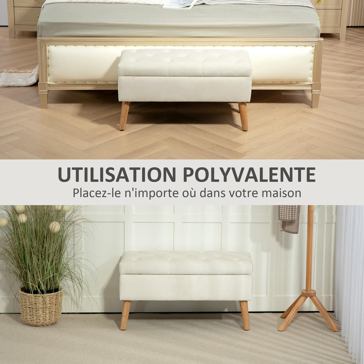 TRUHENBANK DE-16392 mit Stauraum und Samtbezug Creme - Creme, Textil (80/42/35cm) - ComfortXL