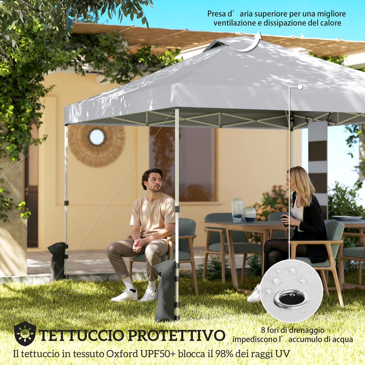 FALTPAVILLON, 3x3m, Aufbewahrungstaschen, Sandsäcke, Metall/Oxford-Gewebe, Weiß - Multicolor, Metall (293/272/293cm) - FORIOUS