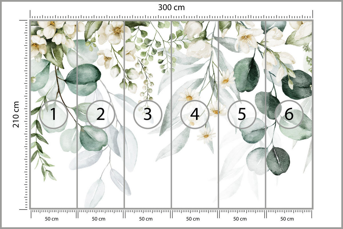 FOTOTAPETE für Schlafzimmer Aquarell Blätter Blumen Weiß 300x210 - Gelb/Weiß, Papier (300/210cm) - Muralo