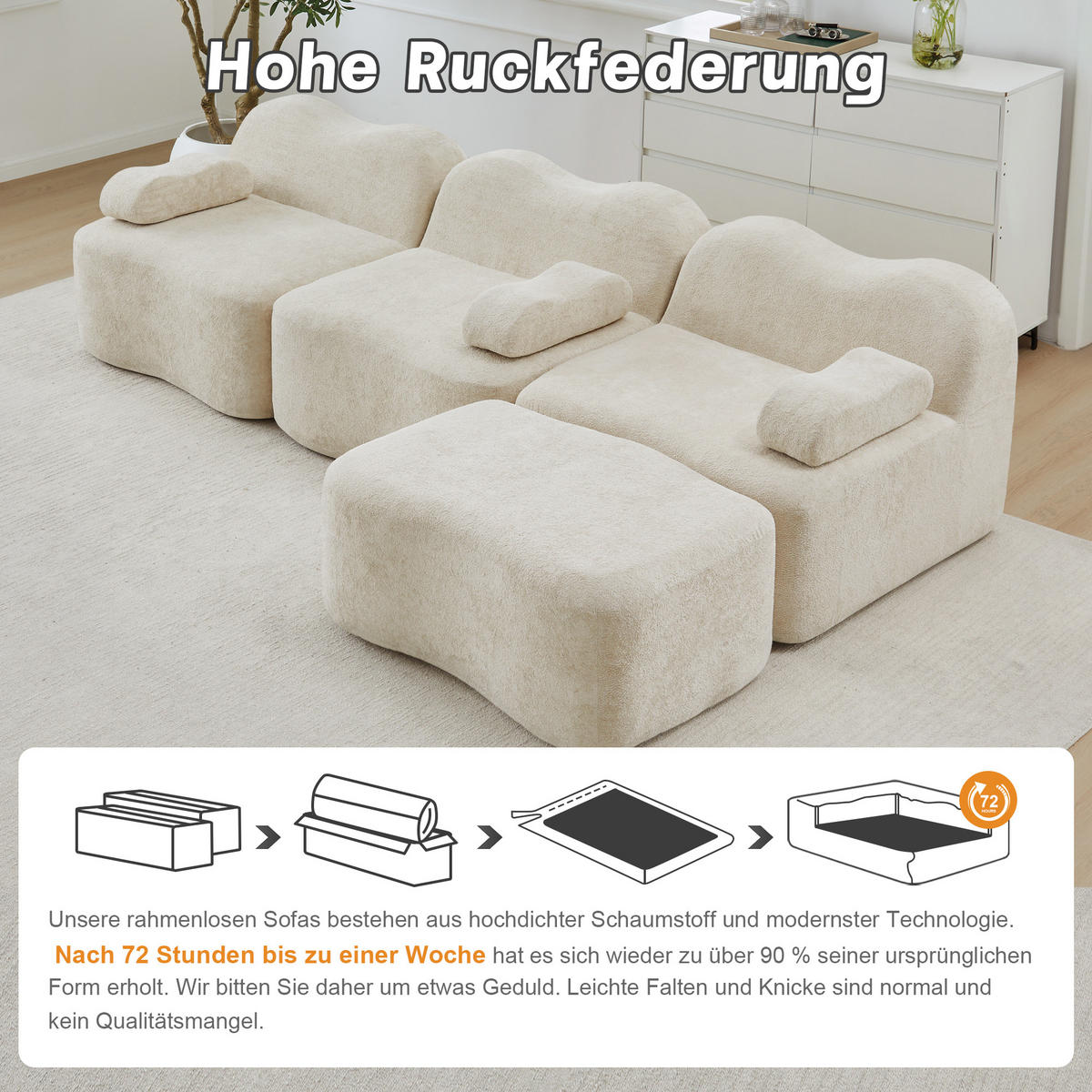 ECKSOFA 288/167/70 cm Beige mit 1 Fußhocker und bewegliches Armlehnenkissen - Beige, Textil (288/167cm) - Oxeza