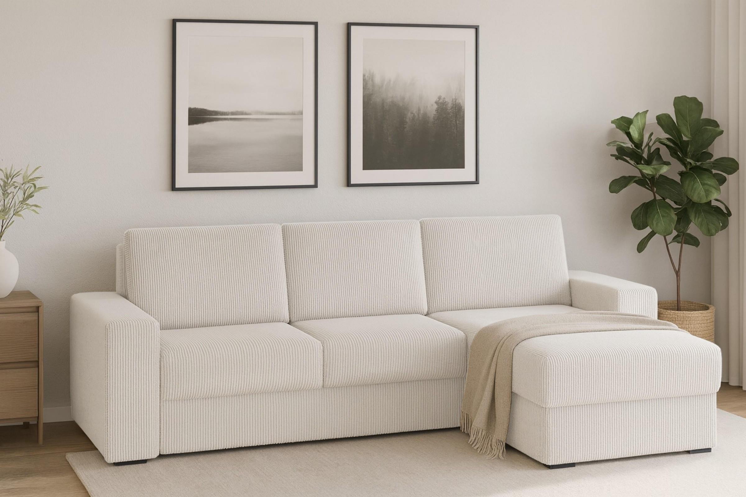 ECKSOFA TOCO L 240x145 cm in Cord Creme rechts - Creme, Holz/Holzwerkstoff (240/145cm) - Deine Möbel 24