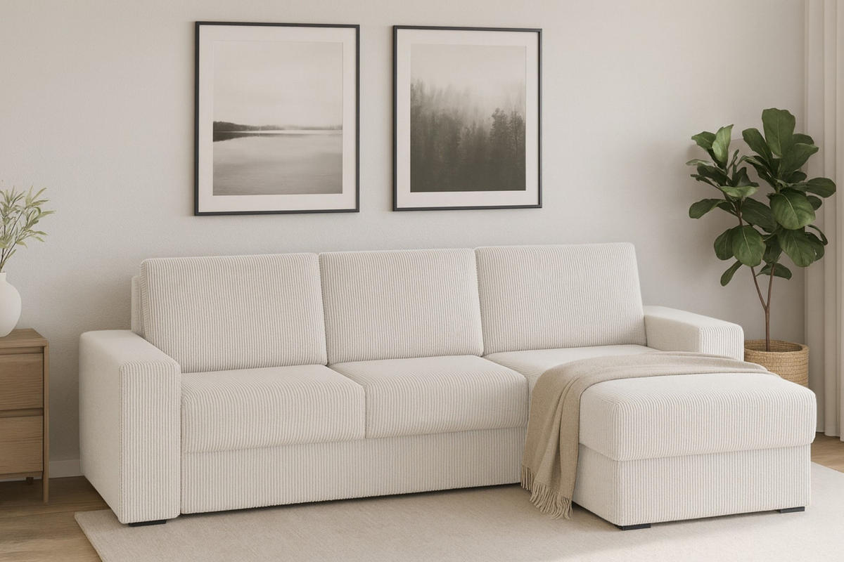 ECKSOFA TOCO L 240x145 cm in Cord Creme rechts - Creme, Holz/Holzwerkstoff (240/145cm) - Deine Möbel 24