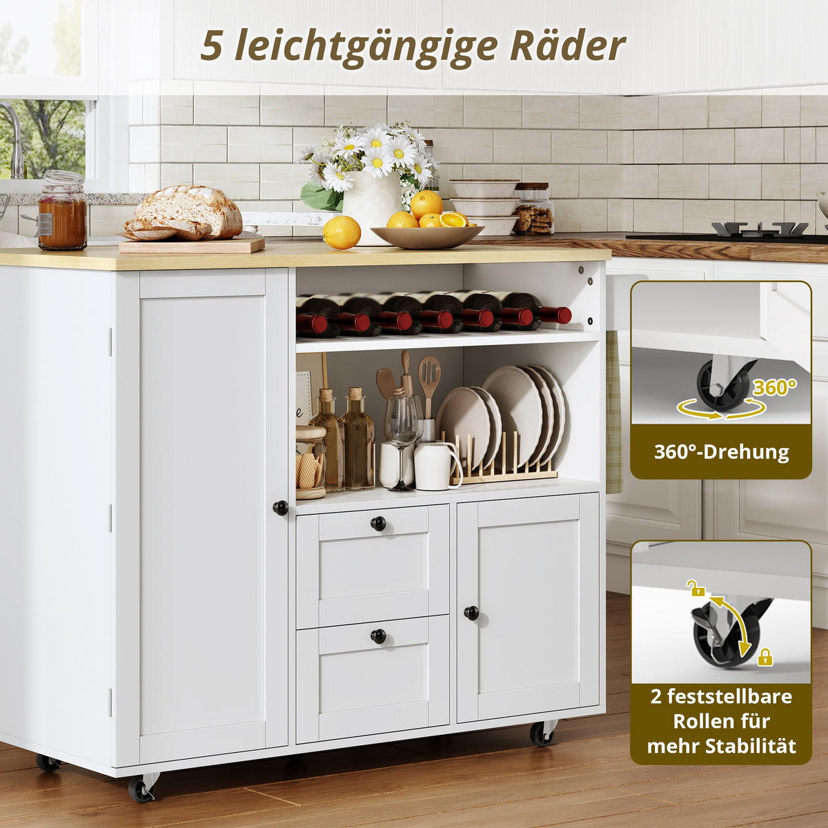 KÜCHENINSEL 104/45/89 cm Natur + Weiß mit klappbarer Arbeitsplatte, 2 Schubladen und integriertem Weinregal - Weiß, Holz/Holzwerkstoff (69/89/104cm) - Oxeza