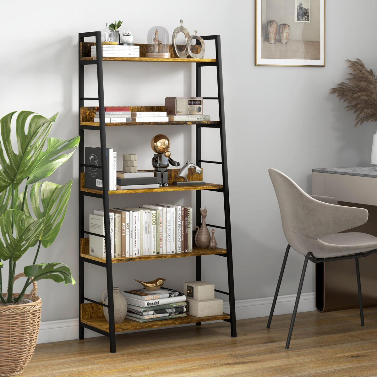REGAL DE-15495 70/35/150 cm, 5-stufig Schwarz/Natur - Braun, Holzwerkstoff (70/149.5/30cm) - ComfortXL