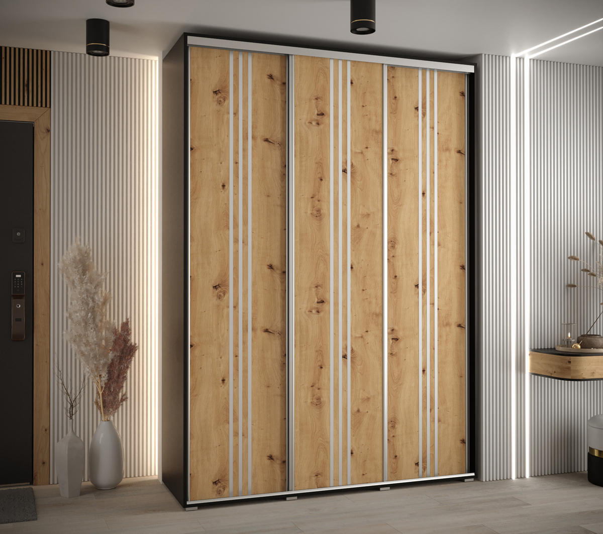 SCHWEBETÜRENSCHRANK 235,2/170/45 3-türig - Silberfarben/Schwarz, Holz/Metall (170/235/45cm) - Abiks Möbel