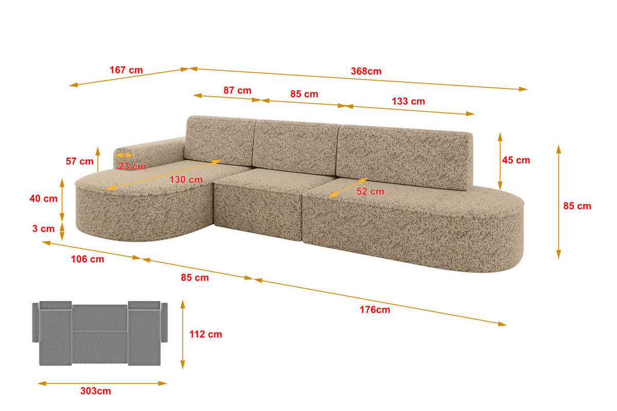ECKSOFA mit Schlaffunktion Ottomane Links MARI L2-S 368X167X85 Braun Velours - Eichefarben/Schwarz, Holzwerkstoff/Kunststoff (368/167cm) - ALTDECOR