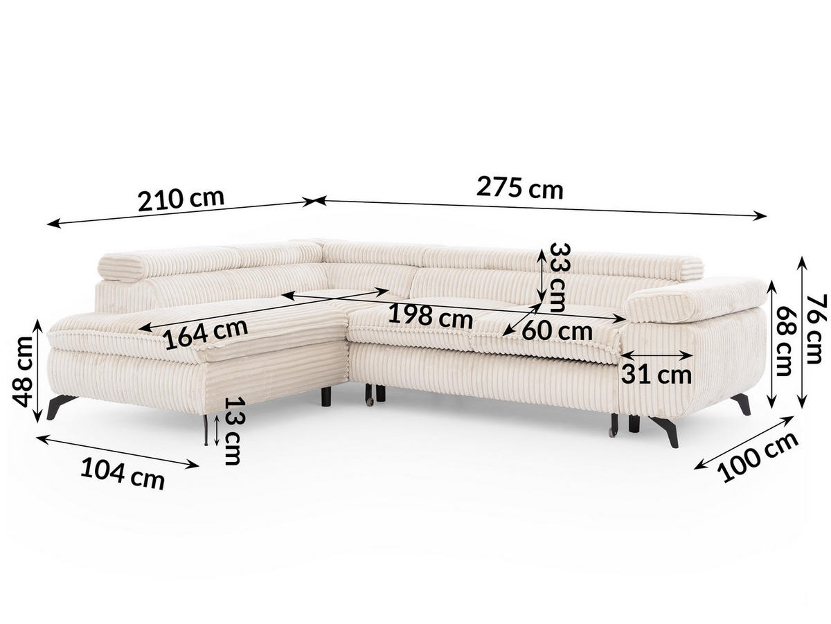 ECKSOFA mit Schlaffunktion und Bettkasten Bonnie aus Creme Cord-Stoff mit verstellbaren Kopfstützen und Armlehne - Ottomane links - Creme/Schwarz, Holz/Textil (275/210cm) - S-Style Möbel