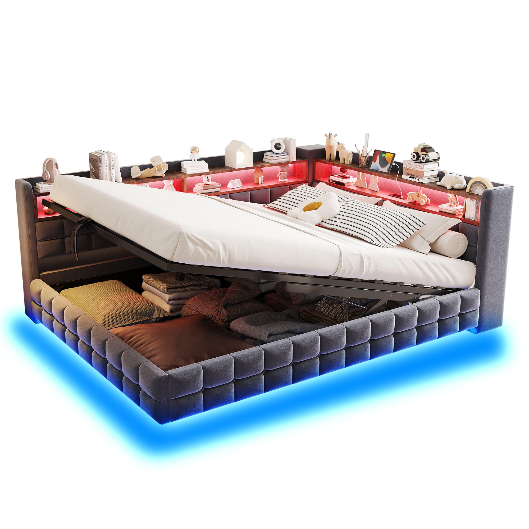 SCHLAFSOFA 140/200 cm in Grau mit Bettkasten, LED, USB & Type-C - Grau, Holzwerkstoff/Textil (140/200cm) - CHICFURN