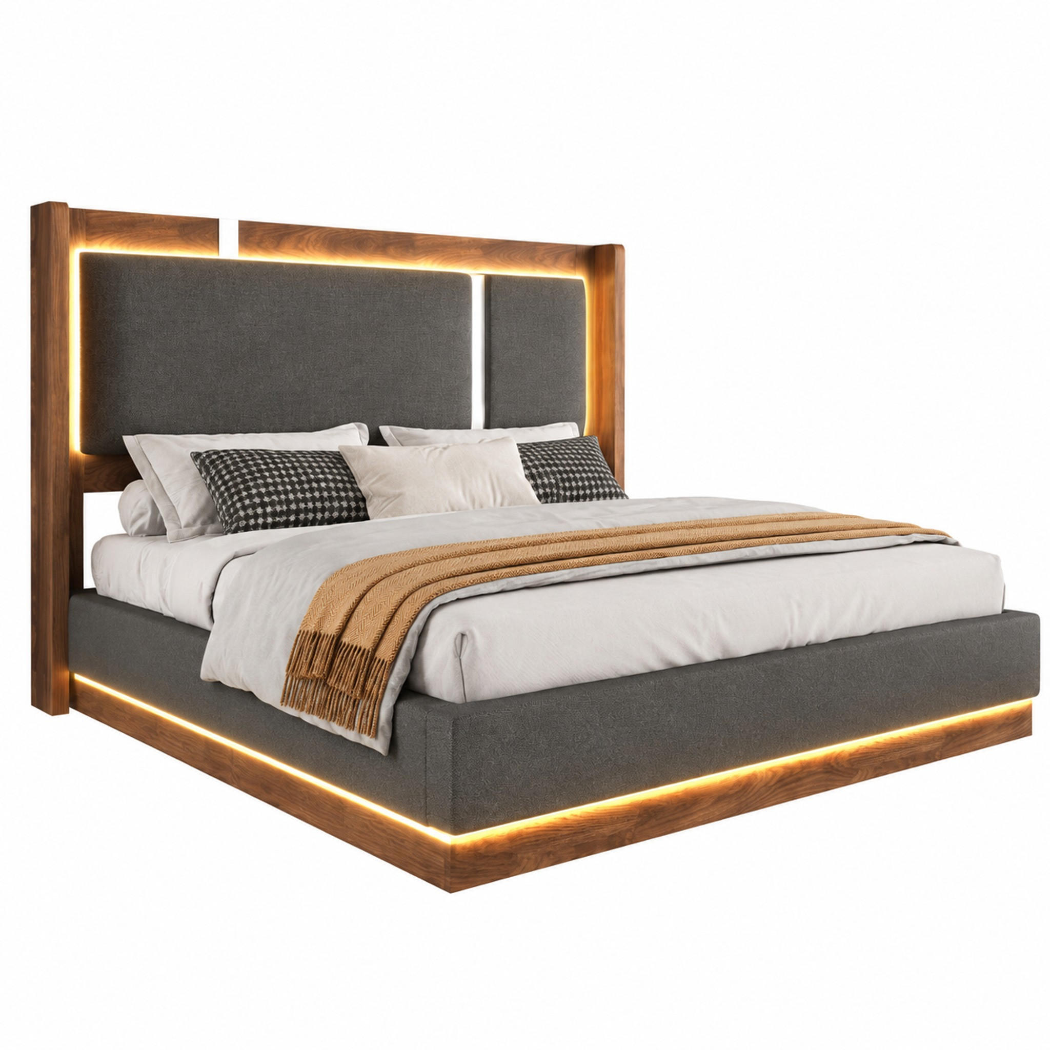 BETT mit Bettkasten & LED 140x200 cm Leinen Grau/Walnut - Grau, Holzwerkstoff (140/200cm) - Meubliv