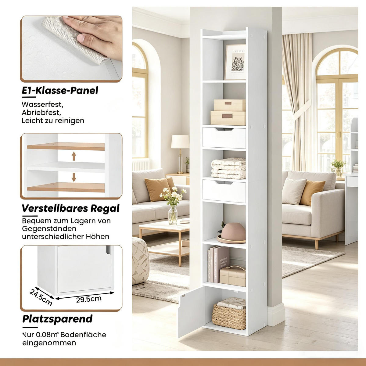 BÜCHERSCHRANK Weiß mit 2 Schubladen und 1 Tür 33/24/181 cm - Weiß, Holz (33/181/24cm) - PANGIVO