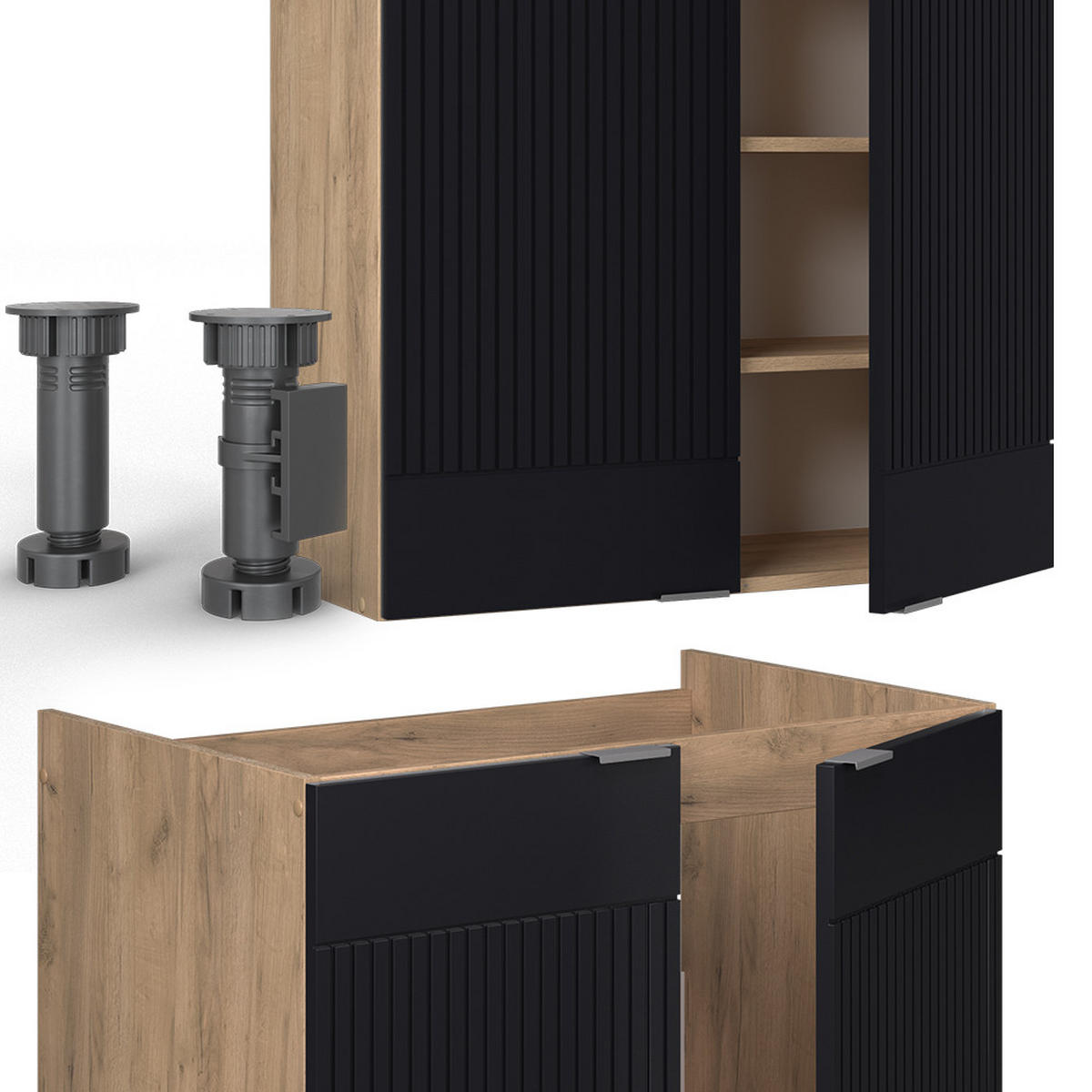 KÜCHENZEILE Fame-Line, Schwarz gestreift/Goldkraft Eiche, 200 cm ohne Arbeitsplatte - Honigeiche/Schwarz, Holzwerkstoff (200/81.6/46cm) - Vicco