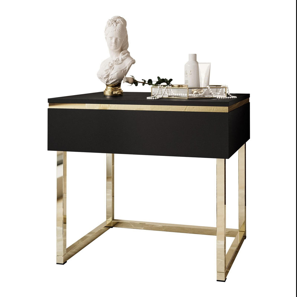 NACHTTISCH AURORA auf goldenem Gestell Schwarz Matt - Goldfarben/Schwarz, Holzwerkstoff/Metall (48/45/38cm) - Lookway